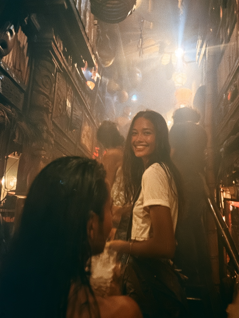 A warmly lit, smoky tiki bar with carved wooden figures and glowing lanterns.
